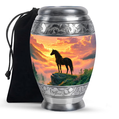 Garnet Red Horse Cremation Urn back view with polished surface - regal horse design with crown-inspired accents - full-size 10 inch 200 cubic inch adult cremation urn