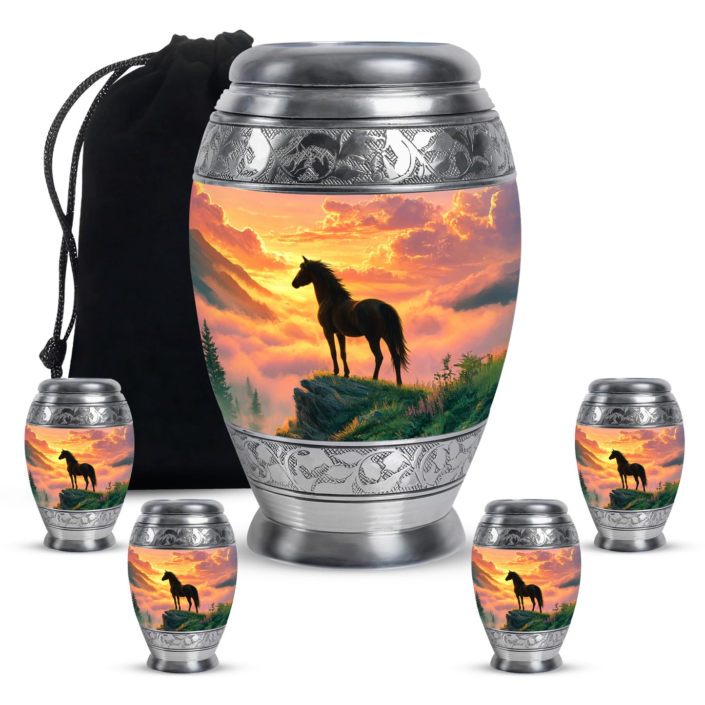 Fiery Red Horse Cremation Urn detail view - majestic horse pattern with filigree border - memorial set with one large and four small urns