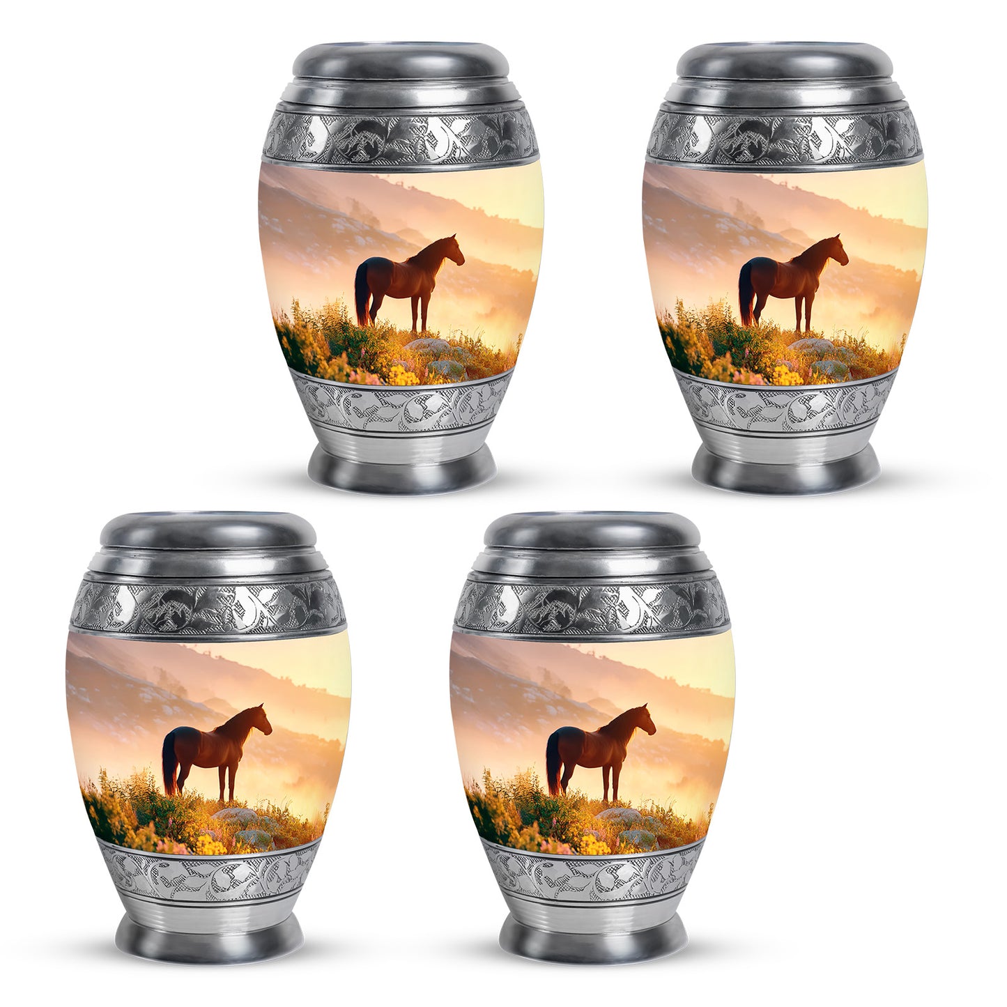 Warm Gold Horse Cremation Urn urn with complimentary velvet bag - royal horse engraving with decorative scrollwork - 10 inch aluminum urn for cremated remains