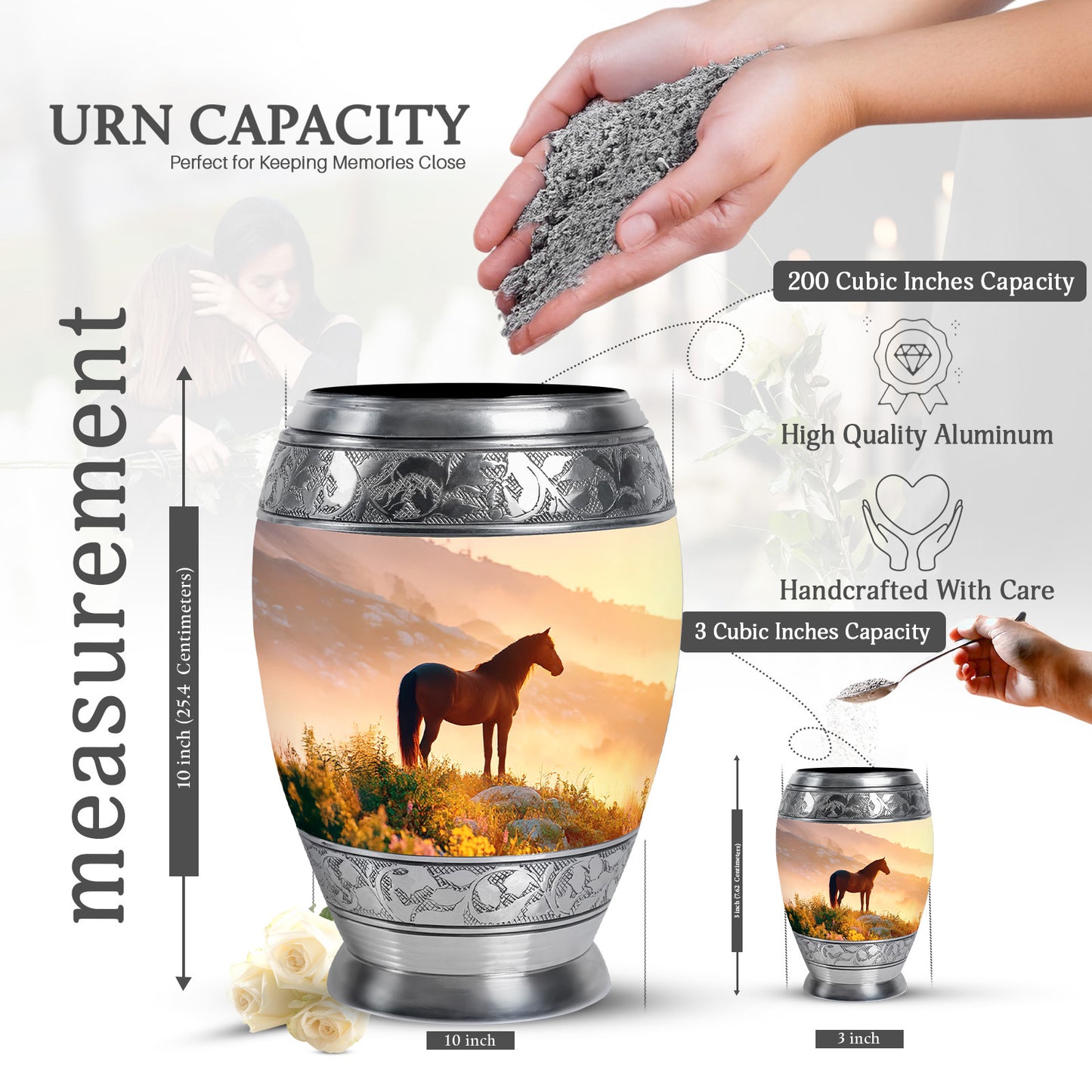 Royal Gold Horse Cremation Urn lifestyle display on memorial shelf - majestic horse pattern with filigree border - mini keepsake memorial for portion of cremation ashes