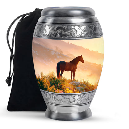 Amber Gold Horse Cremation Urn back view with polished surface - ornate monarch-style horse relief on brushed aluminum - full-size 10 inch 200 cubic inch adult cremation urn
