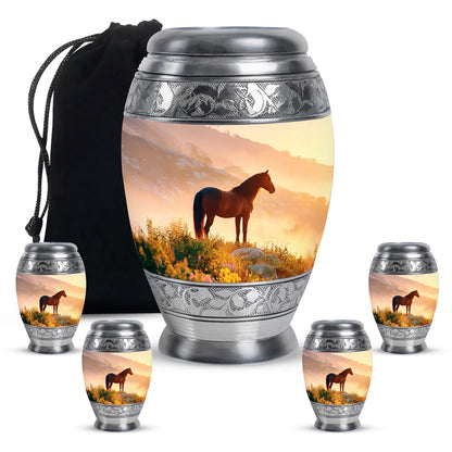 Sunrise Gold Horse Cremation Urn detail view - regal horse design with crown-inspired accents - memorial set with one large and four small urns