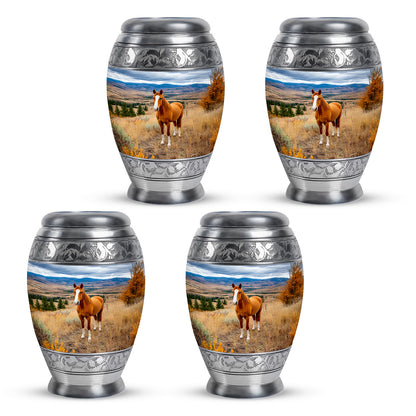 Icy Blue Horse Cremation Urn urn with complimentary velvet bag - ornate monarch-style horse relief on brushed aluminum - 10 inch aluminum urn for cremated remains