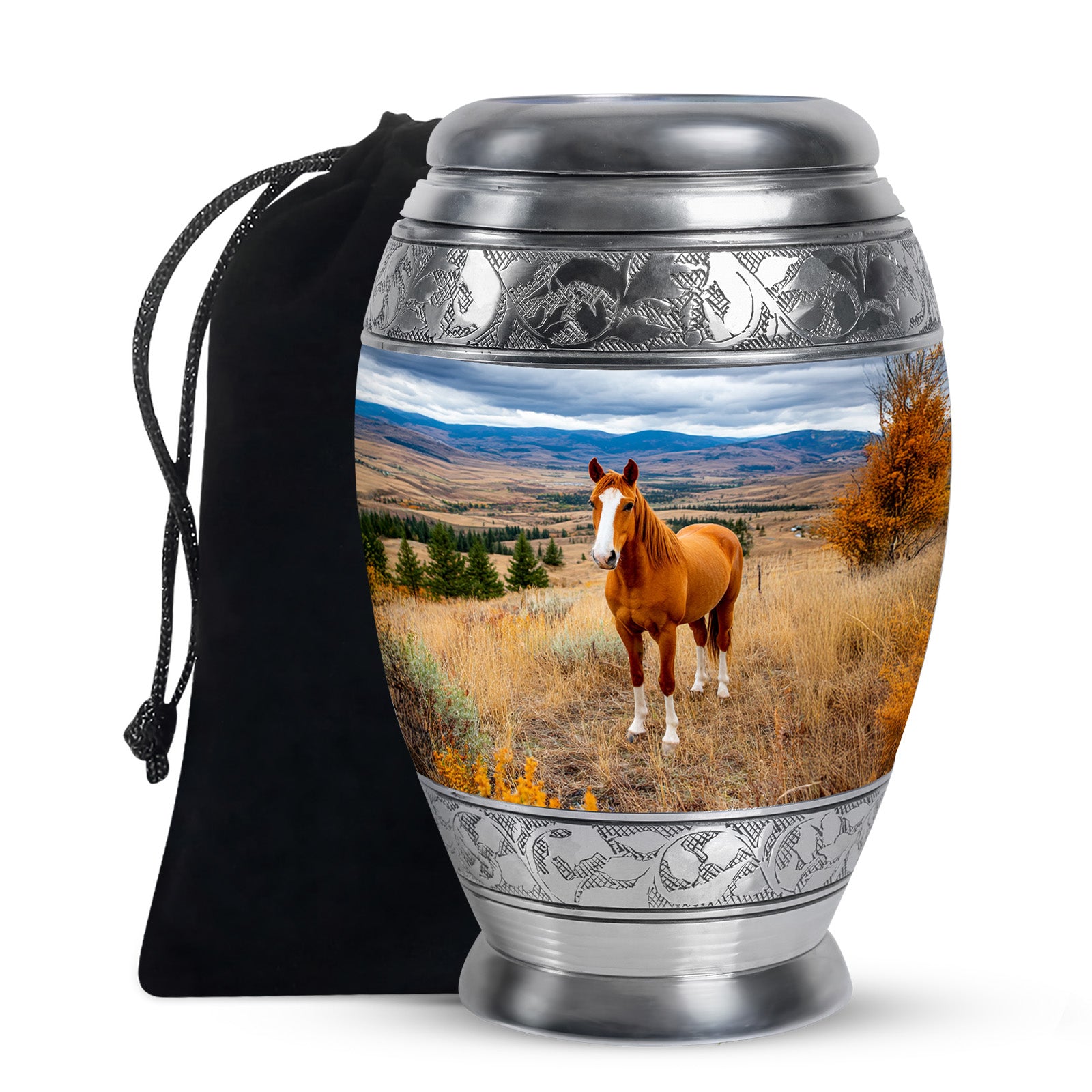 Bright Blue Horse Cremation Urn back view with polished surface - royal horse engraving with decorative scrollwork - full-size 10 inch 200 cubic inch adult cremation urn