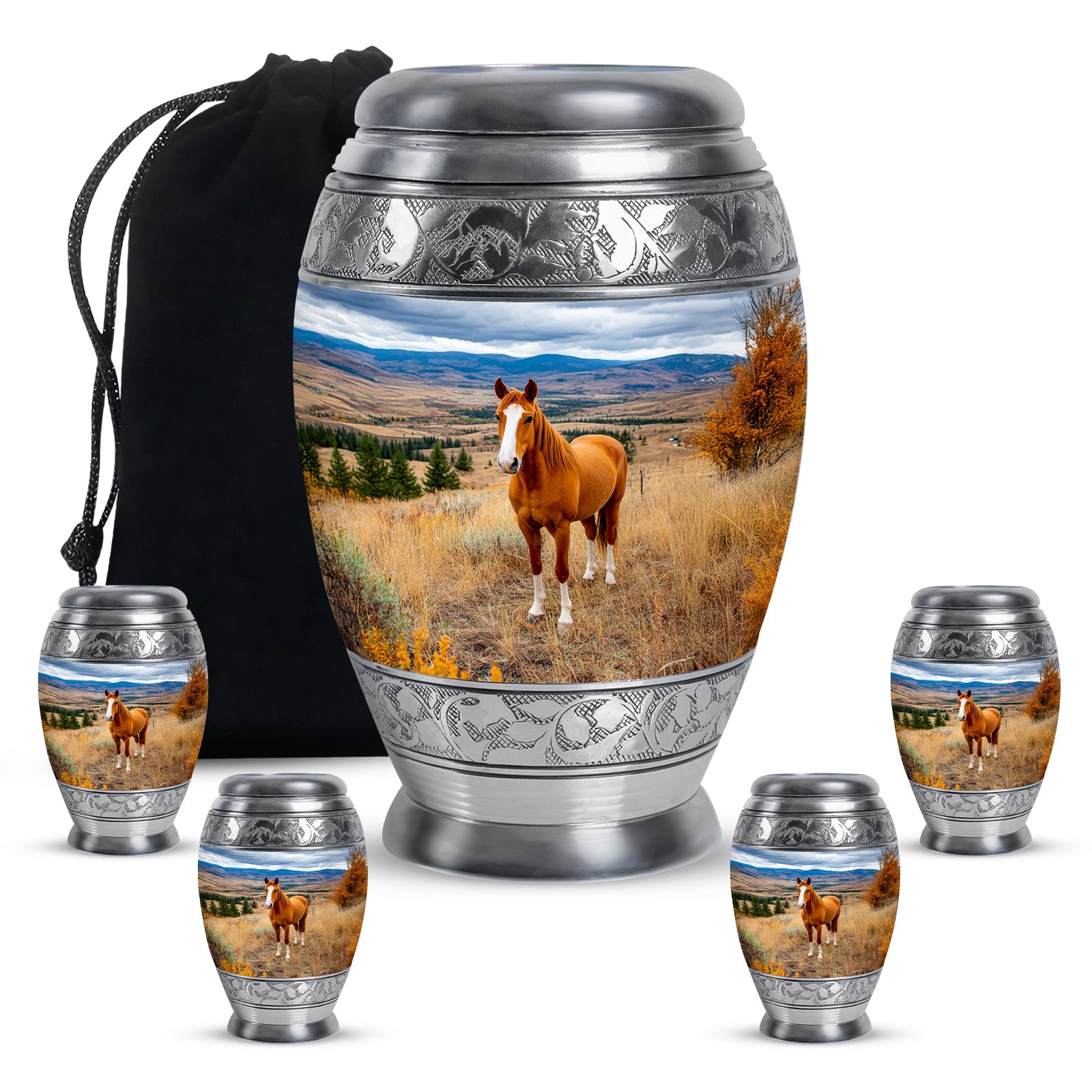 Cobalt Blue Horse Cremation Urn detail view - royal horse engraving with decorative scrollwork - memorial set with one large and four small urns