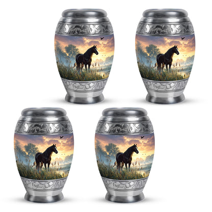 Ebony Horse Cremation Urn urn with complimentary velvet bag - ornate monarch-style horse relief on brushed aluminum - 10 inch aluminum urn for cremated remains