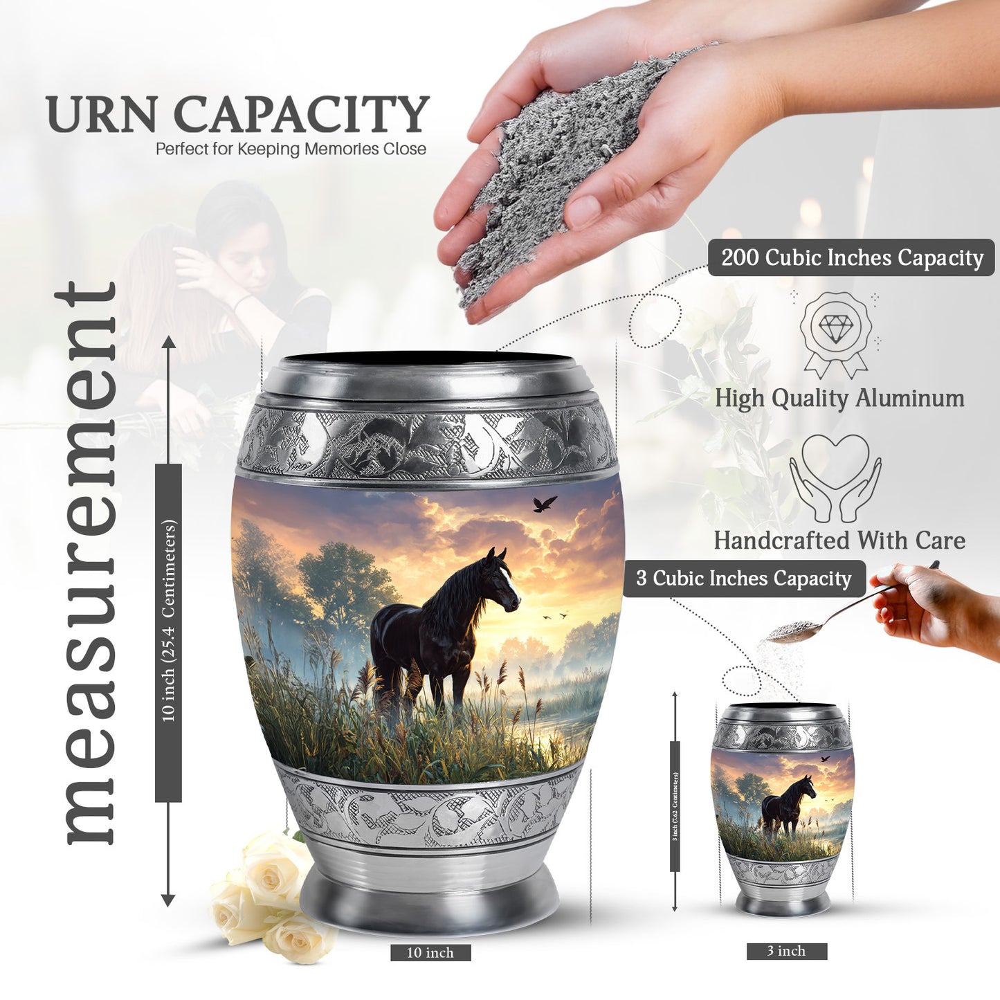Charcoal Black Horse Cremation Urn lifestyle display on memorial shelf - royal horse engraving with decorative scrollwork - mini keepsake memorial for portion of cremation ashes