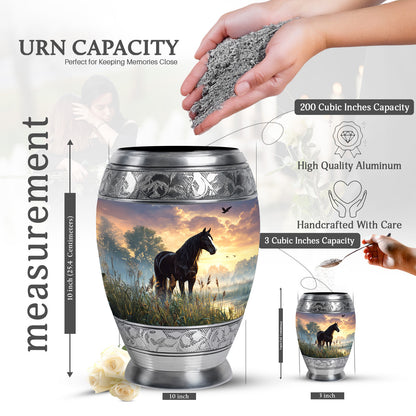 Charcoal Black Horse Cremation Urn lifestyle display on memorial shelf - royal horse engraving with decorative scrollwork - mini keepsake memorial for portion of cremation ashes