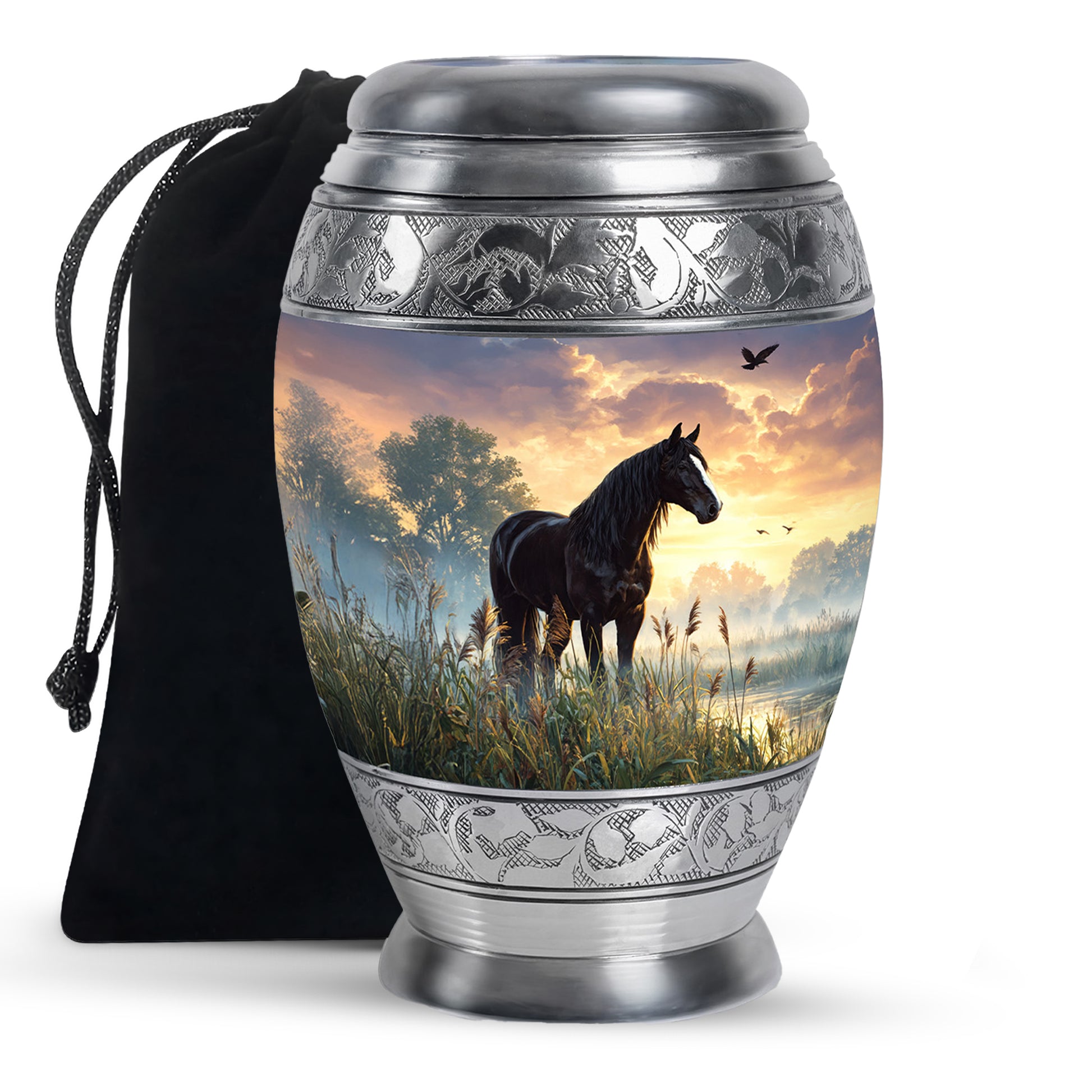 Onyx Black Horse Cremation Urn back view with polished surface - royal horse engraving with decorative scrollwork - full-size 10 inch 200 cubic inch adult cremation urn