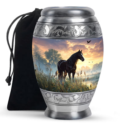 Onyx Black Horse Cremation Urn back view with polished surface - royal horse engraving with decorative scrollwork - full-size 10 inch 200 cubic inch adult cremation urn