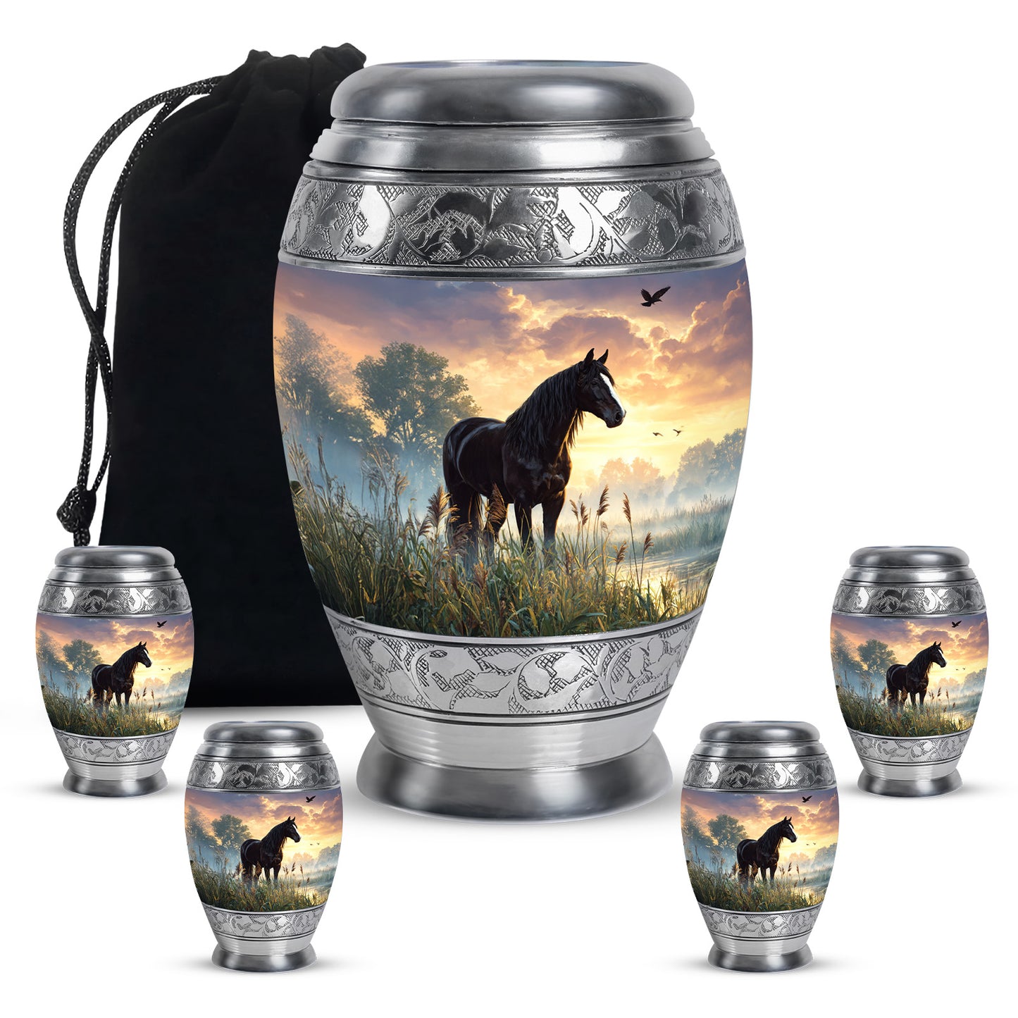 Jet Black Horse Cremation Urn detail view - regal horse design with crown-inspired accents - memorial set with one large and four small urns