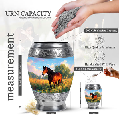 Powder Blue Horse Cremation Urn lifestyle display on memorial shelf - regal horse design with crown-inspired accents - mini keepsake memorial for portion of cremation ashes
