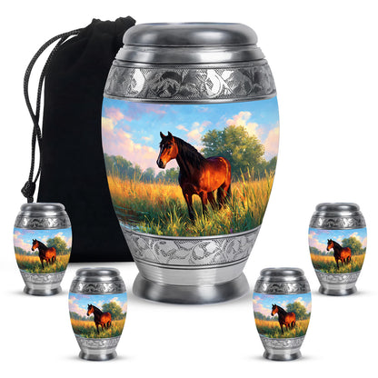 Slate Blue Horse Cremation Urn detail view - ornate monarch-style horse relief on brushed aluminum - memorial set with one large and four small urns