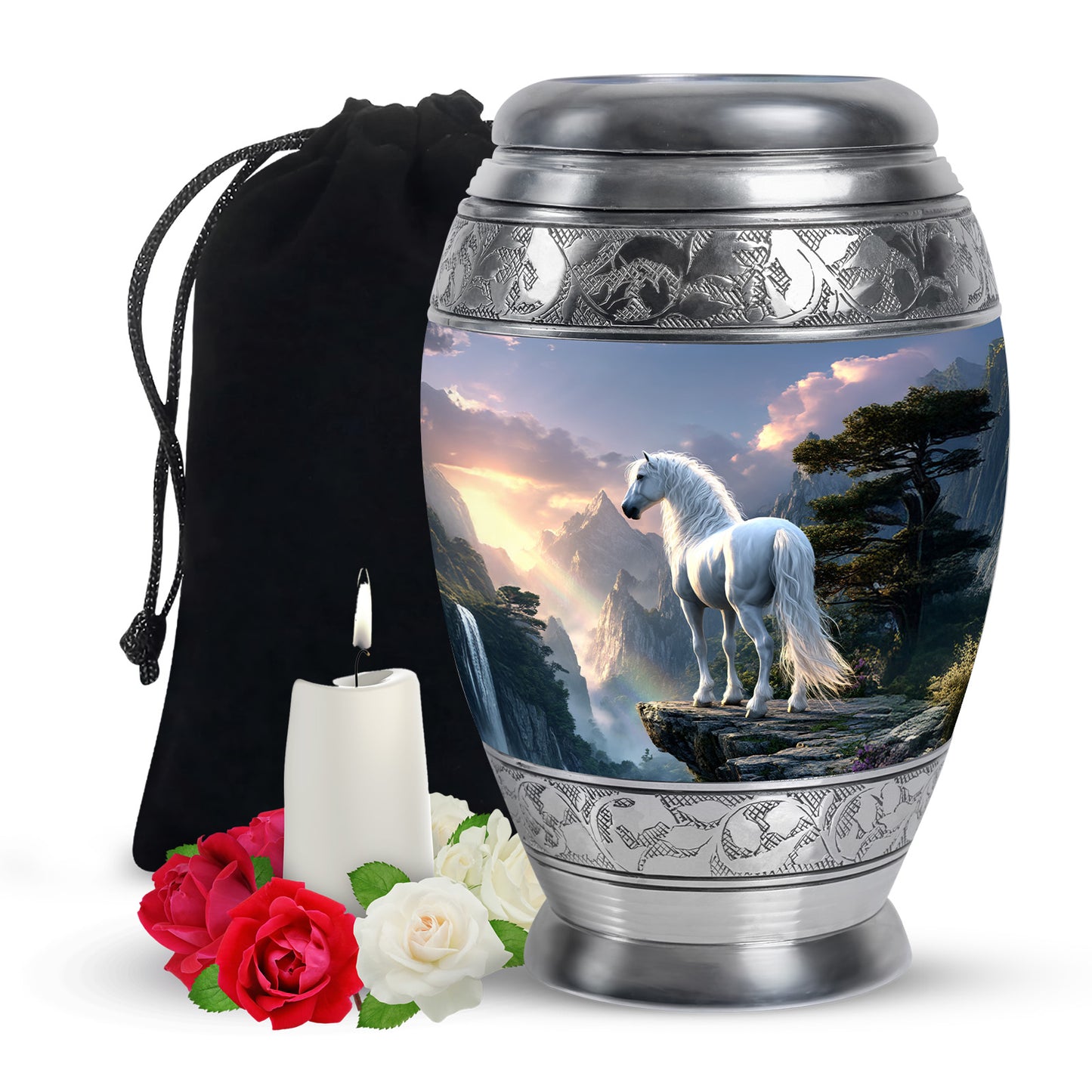 Sapphire Blue Horse Cremation Urn back view with polished surface - royal horse engraving with decorative scrollwork - full-size 10 inch 200 cubic inch adult cremation urn