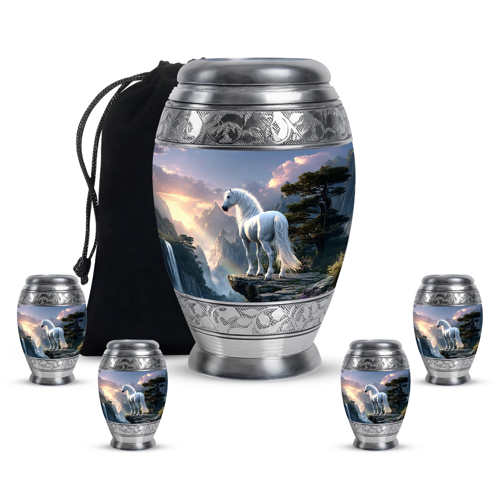 Misty Blue Horse Cremation Urn detail view - regal horse design with crown-inspired accents - memorial set with one large and four small urns