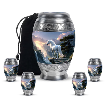 Misty Blue Horse Cremation Urn detail view - regal horse design with crown-inspired accents - memorial set with one large and four small urns