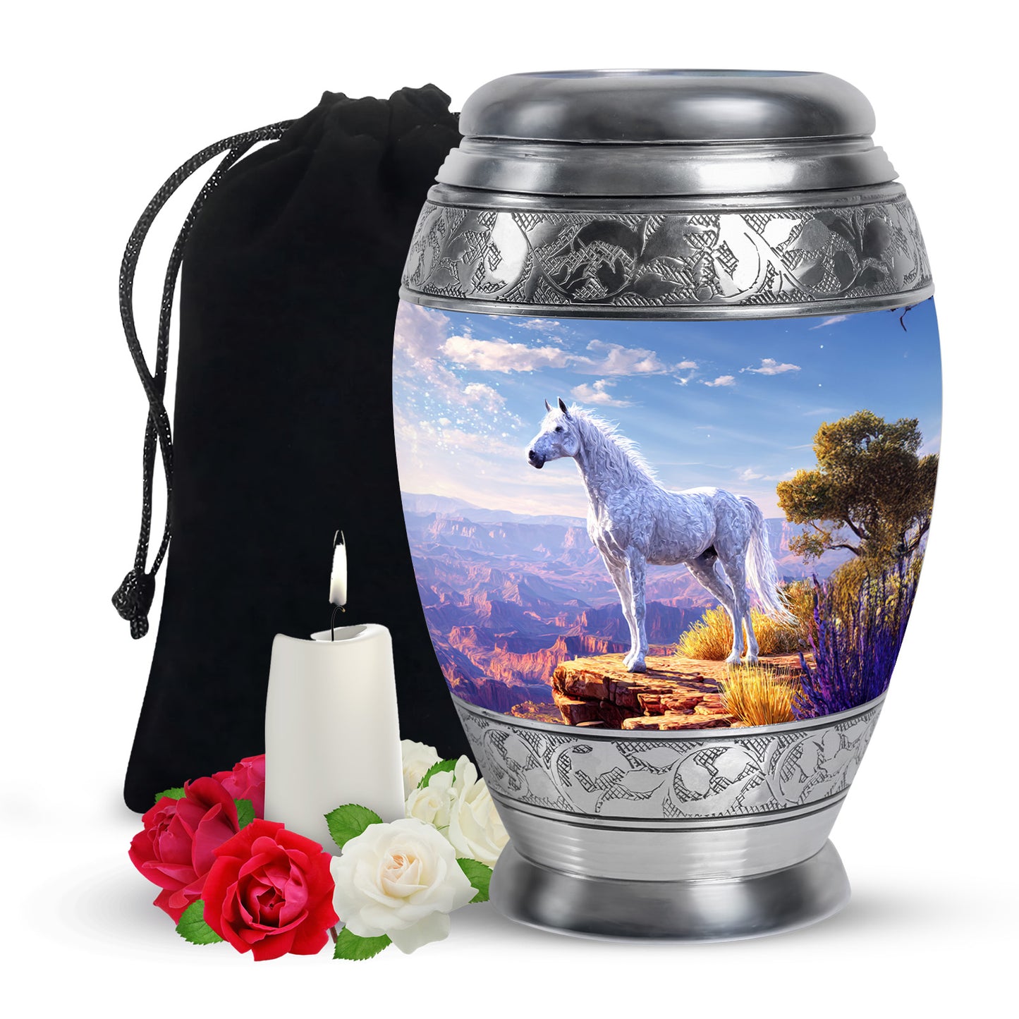 Twilight Blue Horse Cremation Urn back view with polished surface - royal horse engraving with decorative scrollwork - full-size 10 inch 200 cubic inch adult cremation urn
