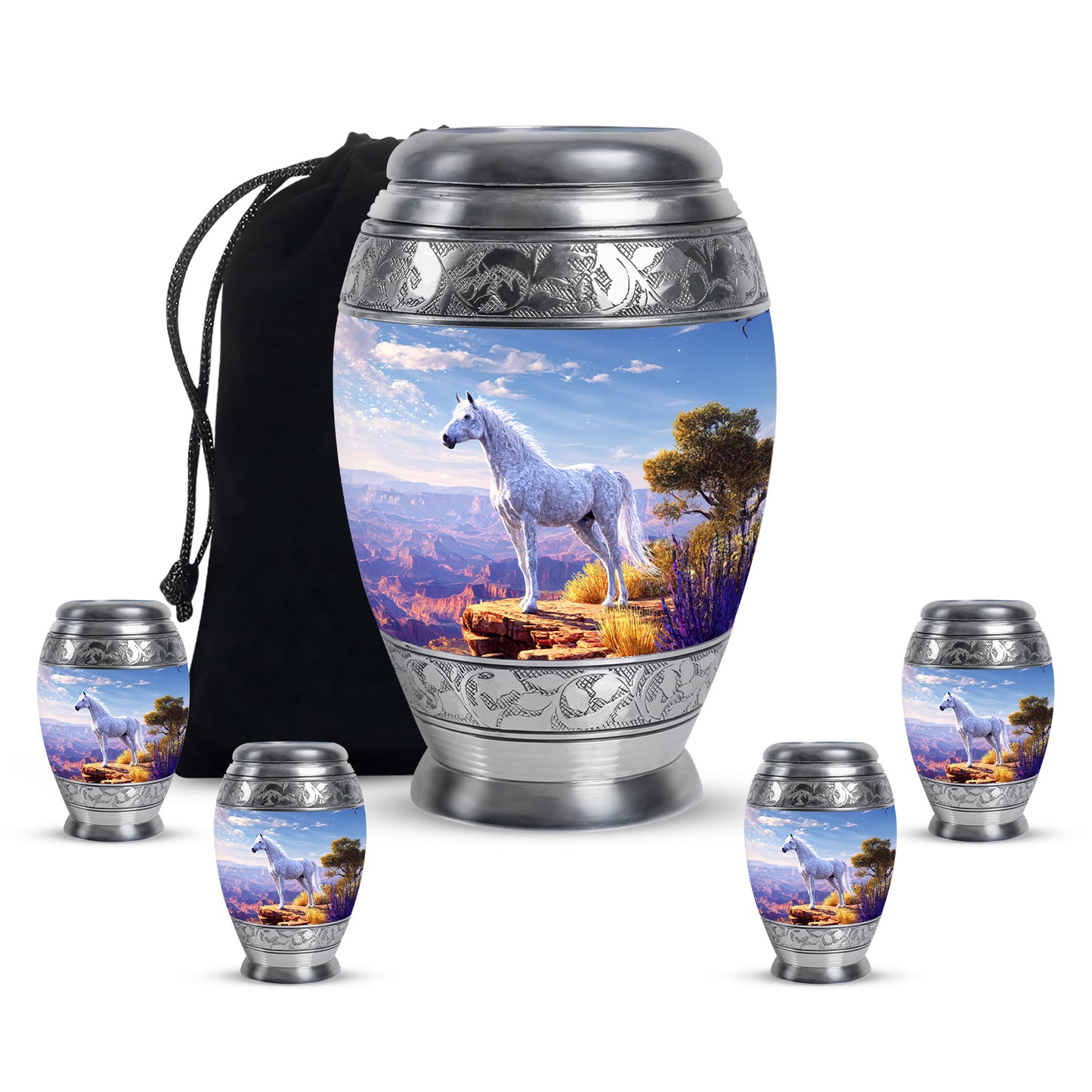 Icy Blue Horse Cremation Urn detail view - regal horse design with crown-inspired accents - memorial set with one large and four small urns