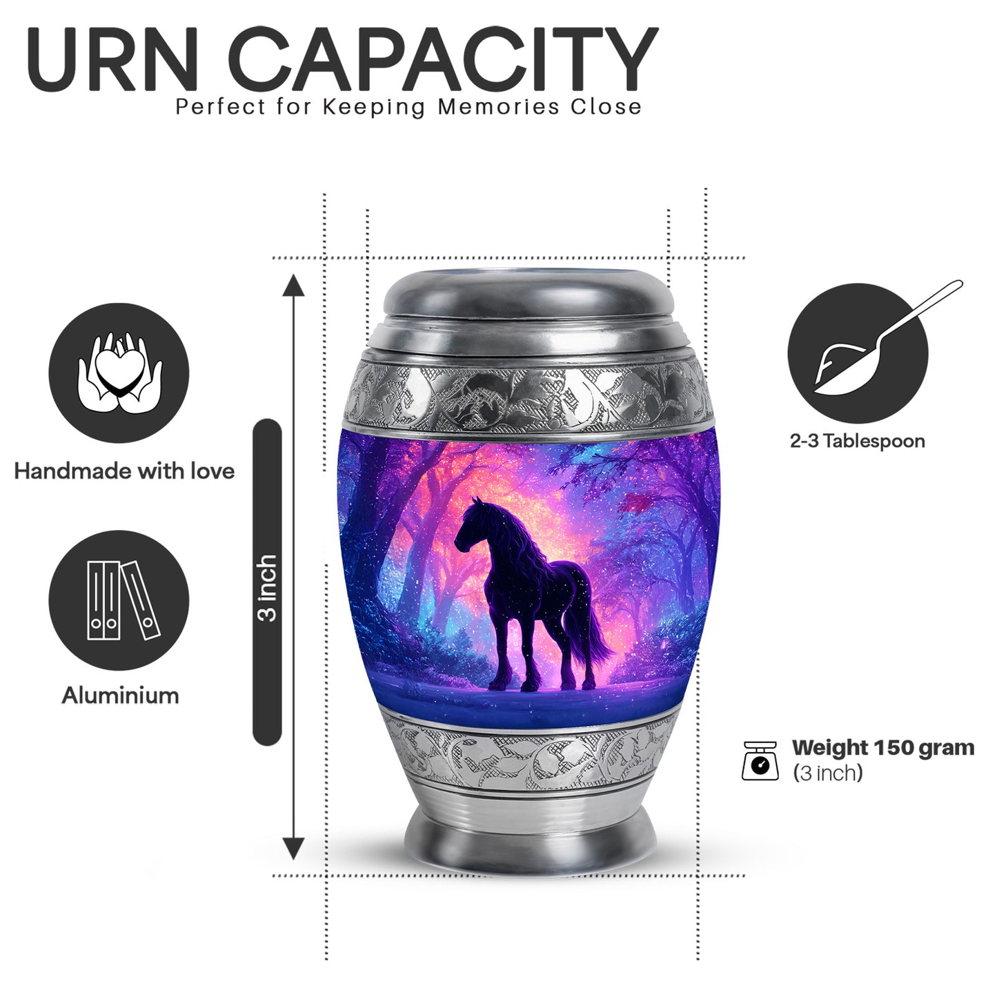 Cornflower Blue Horse Cremation Urn lifestyle display on memorial shelf - royal horse engraving with decorative scrollwork - mini keepsake memorial for portion of cremation ashes