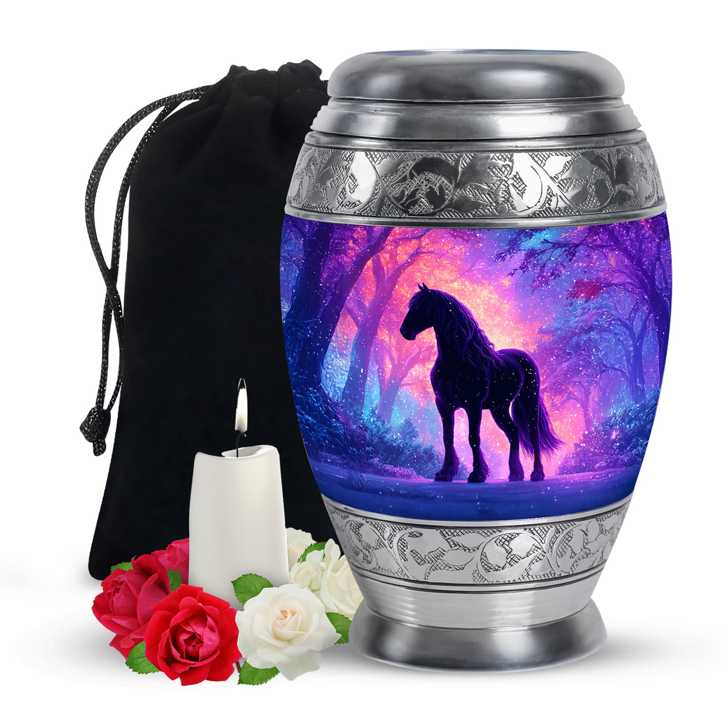 Twilight Blue Horse Cremation Urn back view with polished surface - royal horse engraving with decorative scrollwork - full-size 10 inch 200 cubic inch adult cremation urn