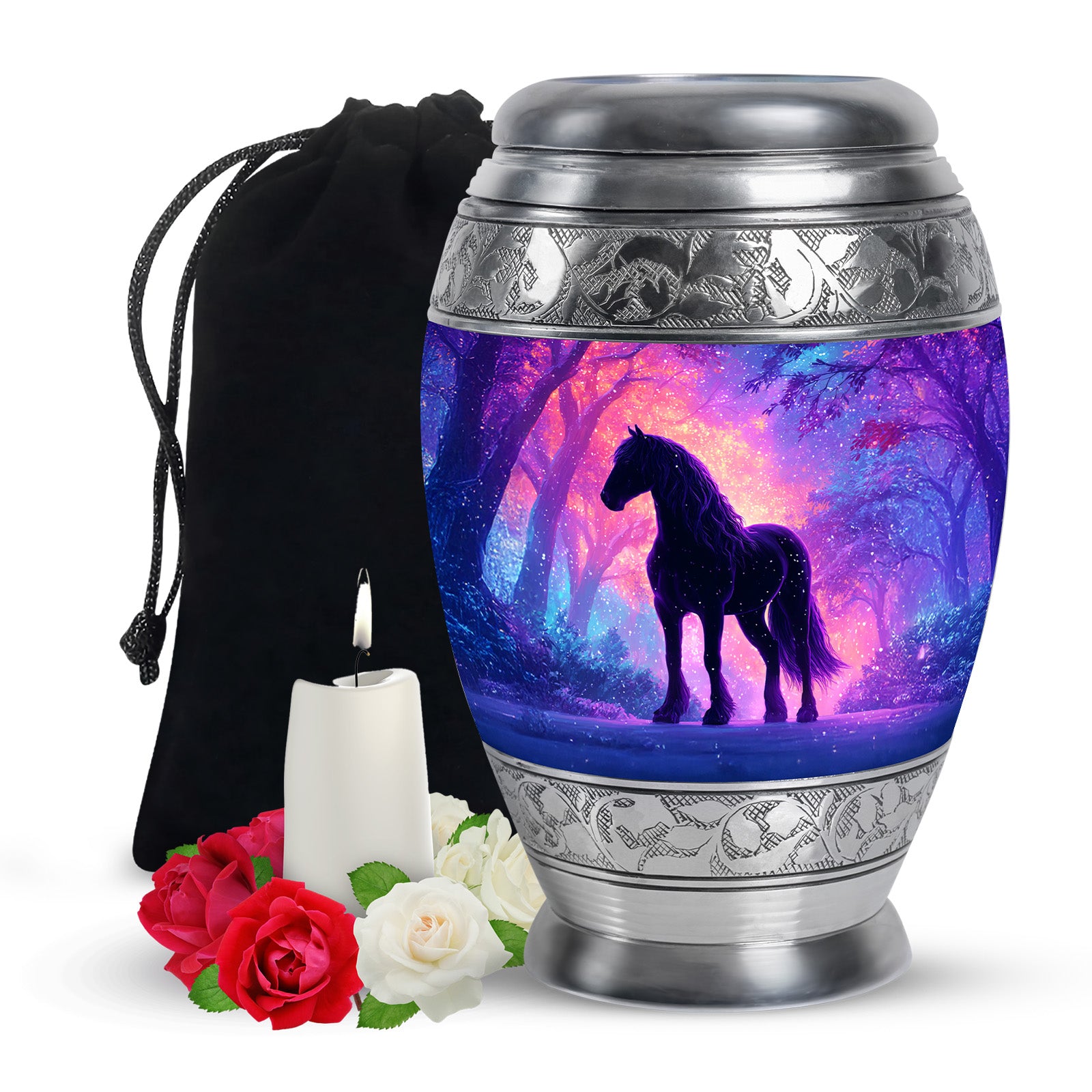 Twilight Blue Horse Cremation Urn back view with polished surface - royal horse engraving with decorative scrollwork - full-size 10 inch 200 cubic inch adult cremation urn
