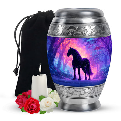 Twilight Blue Horse Cremation Urn back view with polished surface - royal horse engraving with decorative scrollwork - full-size 10 inch 200 cubic inch adult cremation urn