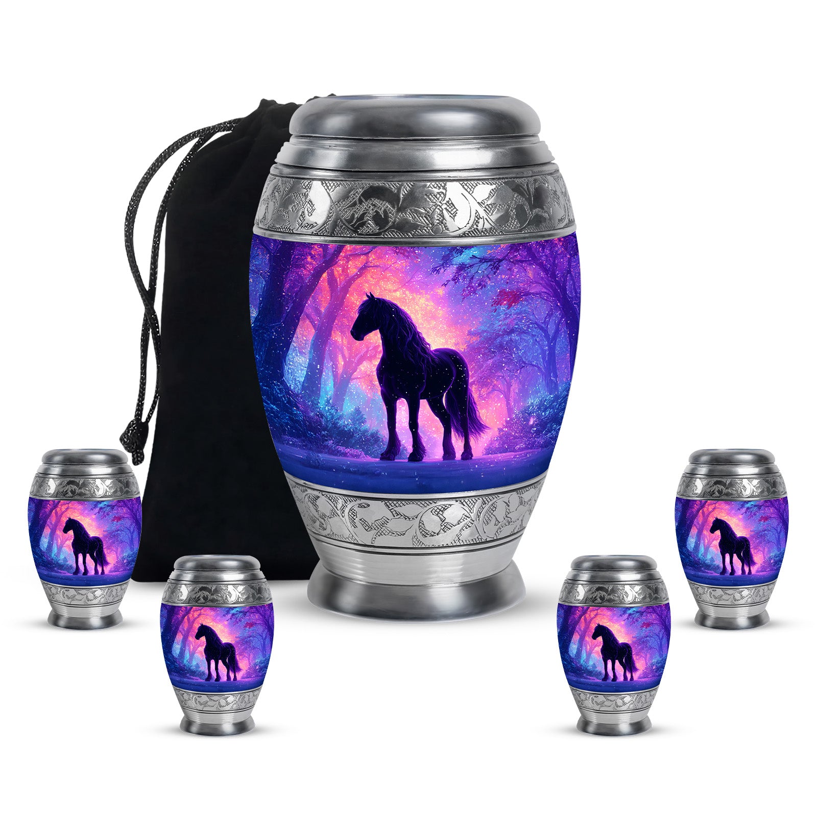 Navy Blue Horse Cremation Urn detail view - regal horse design with crown-inspired accents - memorial set with one large and four small urns