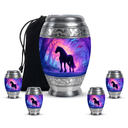 Navy Blue Horse Cremation Urn detail view - regal horse design with crown-inspired accents - memorial set with one large and four small urns