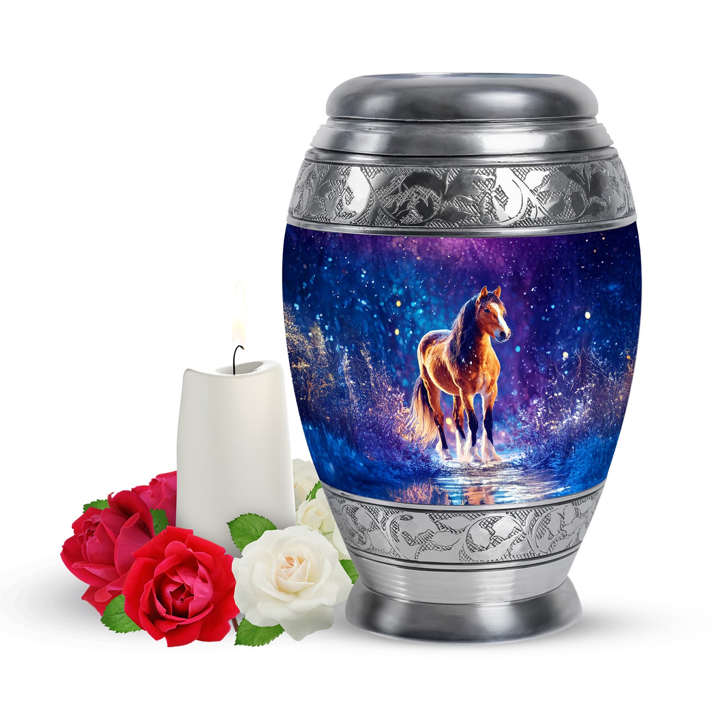 Personalized Blue Steadfast Horse Cremation Urns for Human Ashes - 10-inch, 200 cu in - Yatskia