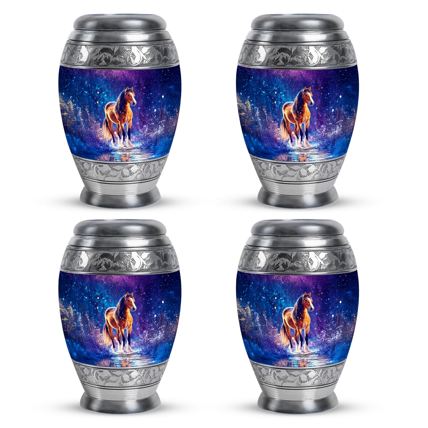 Cobalt Blue Horse Cremation Urn urn with complimentary velvet bag - majestic horse pattern with filigree border - 10 inch aluminum urn for cremated remains