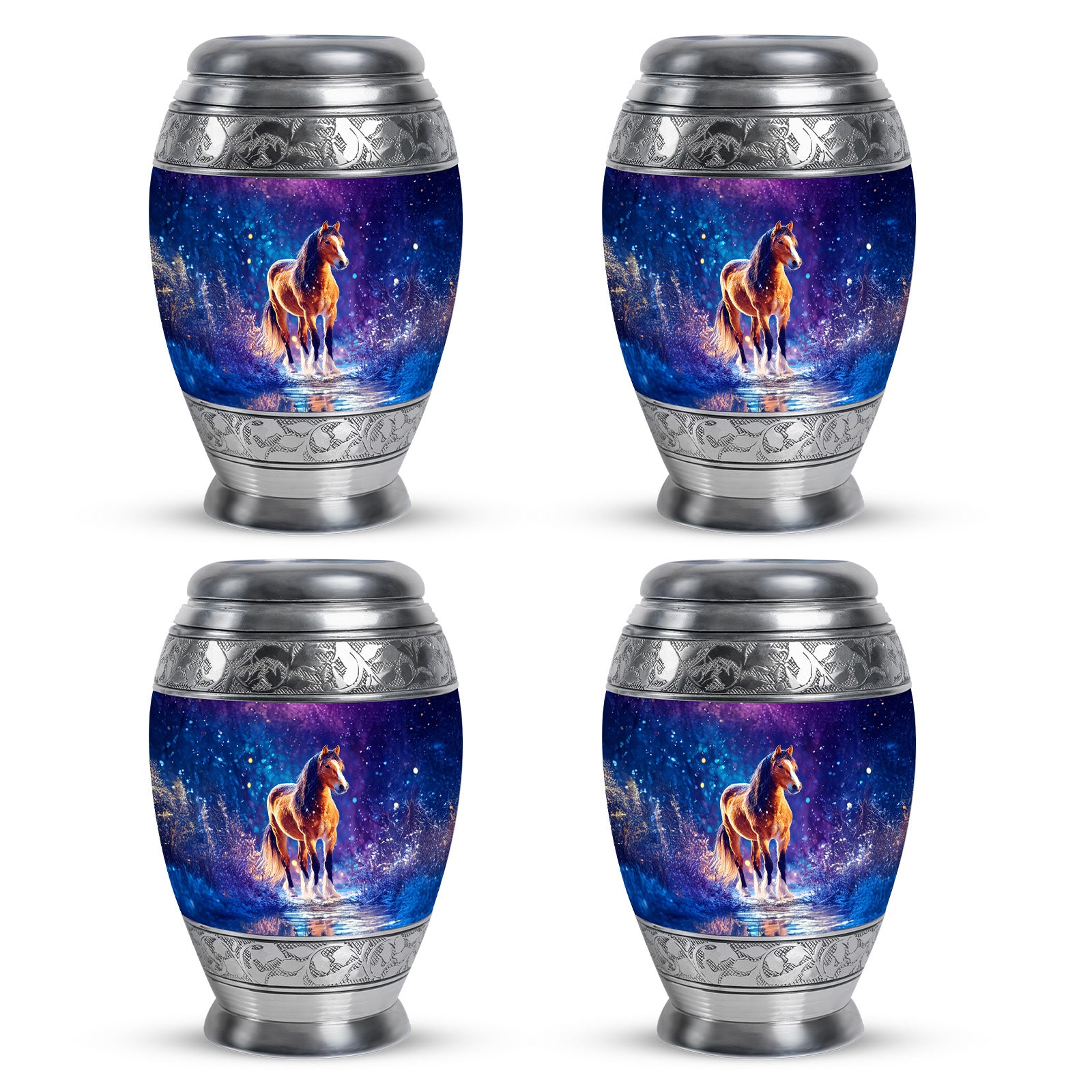 Cobalt Blue Horse Cremation Urn urn with complimentary velvet bag - majestic horse pattern with filigree border - 10 inch aluminum urn for cremated remains