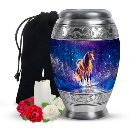Soft Blue Horse Cremation Urn back view with polished surface - majestic horse pattern with filigree border - full-size 10 inch 200 cubic inch adult cremation urn