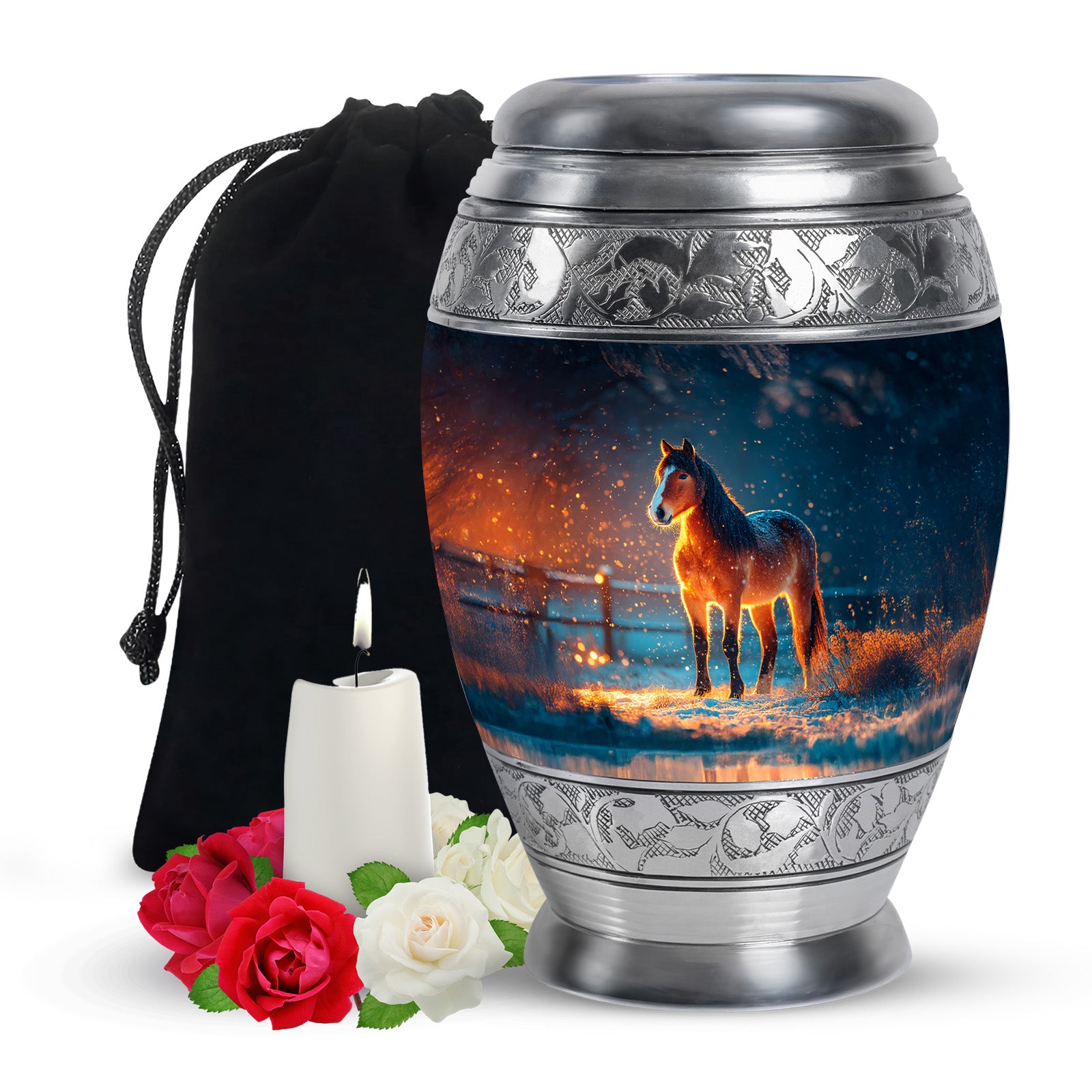 Serene Blue Horse Cremation Urn back view with polished surface - royal horse engraving with decorative scrollwork - full-size 10 inch 200 cubic inch adult cremation urn