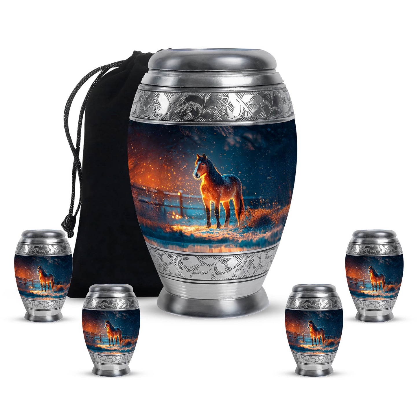 Soft Blue Horse Cremation Urn detail view - majestic horse pattern with filigree border - memorial set with one large and four small urns