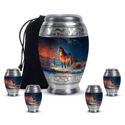 Soft Blue Horse Cremation Urn detail view - majestic horse pattern with filigree border - memorial set with one large and four small urns