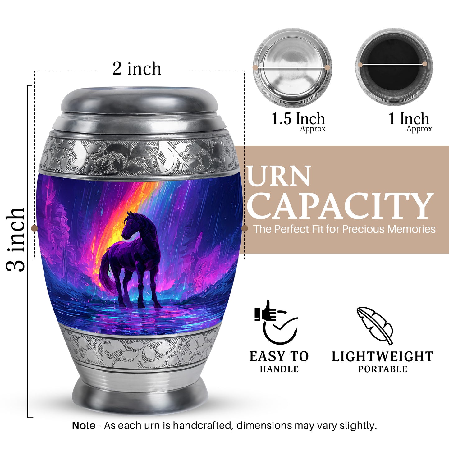 Serene Blue Horse Cremation Urn lifestyle display on memorial shelf - royal horse engraving with decorative scrollwork - mini keepsake memorial for portion of cremation ashes