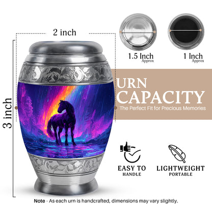 Serene Blue Horse Cremation Urn lifestyle display on memorial shelf - royal horse engraving with decorative scrollwork - mini keepsake memorial for portion of cremation ashes
