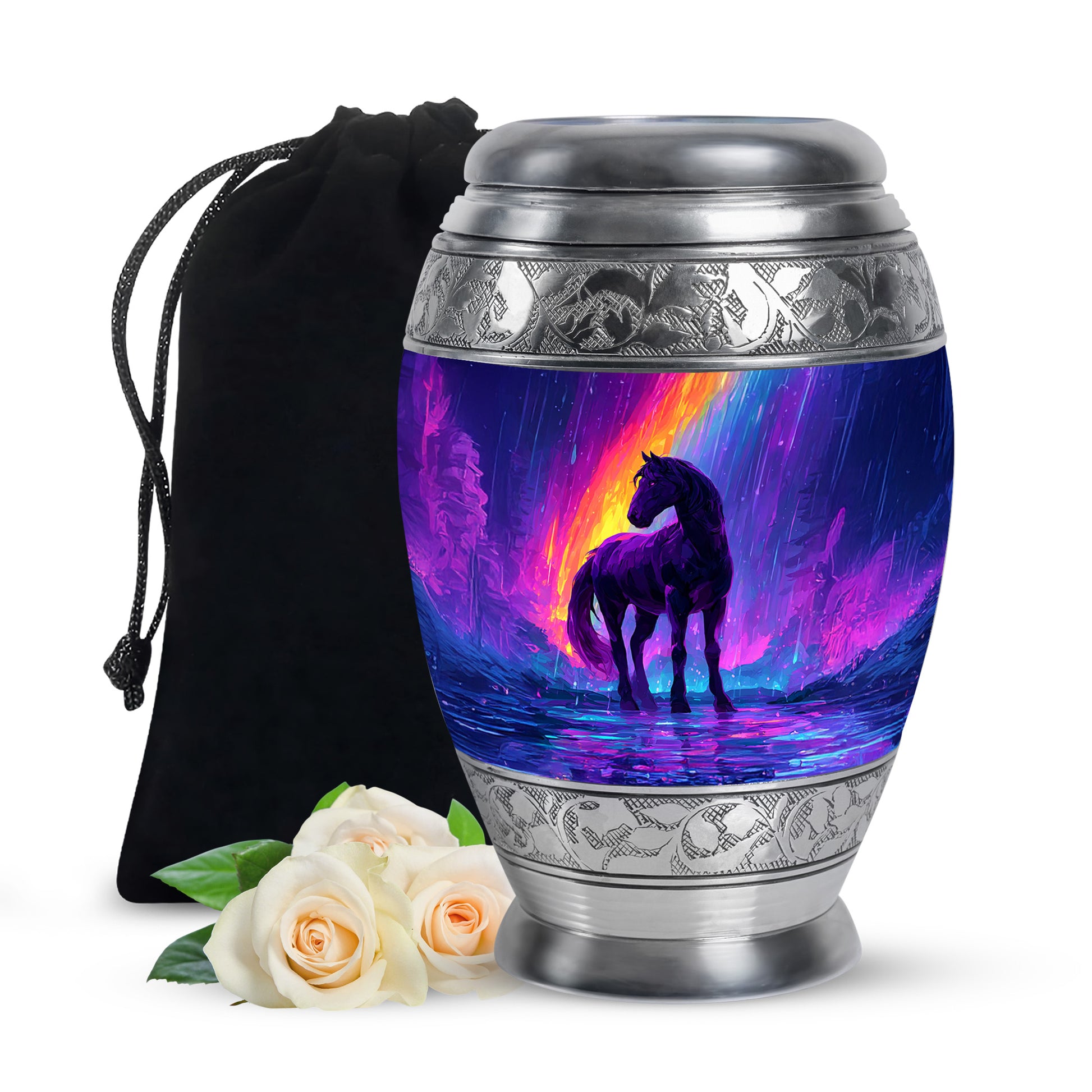 Azure Horse Cremation Urn back view with polished surface - regal horse design with crown-inspired accents - full-size 10 inch 200 cubic inch adult cremation urn