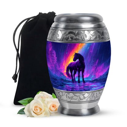 Azure Horse Cremation Urn back view with polished surface - regal horse design with crown-inspired accents - full-size 10 inch 200 cubic inch adult cremation urn
