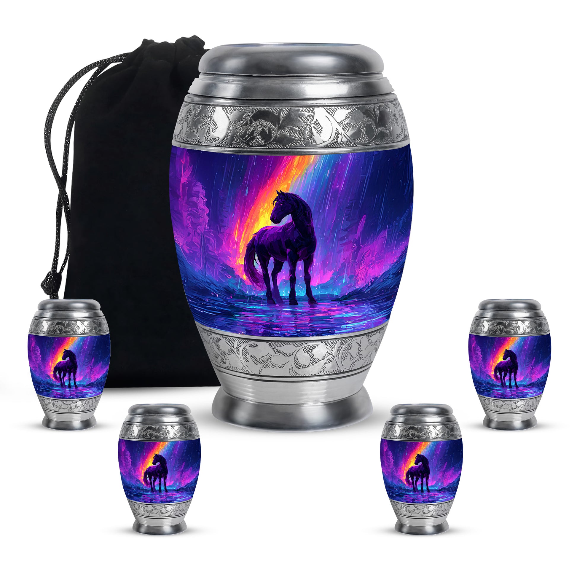 Cobalt Blue Horse Cremation Urn detail view - royal horse engraving with decorative scrollwork - memorial set with one large and four small urns