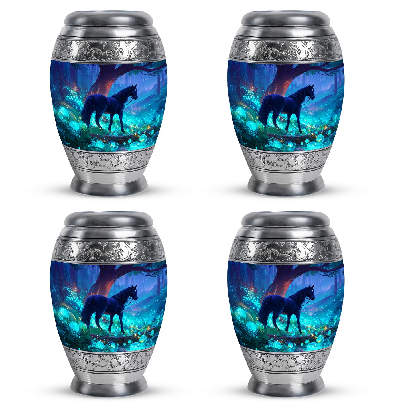 Serene Blue Horse Cremation Urn urn with complimentary velvet bag - royal horse engraving with decorative scrollwork - 10 inch aluminum urn for cremated remains