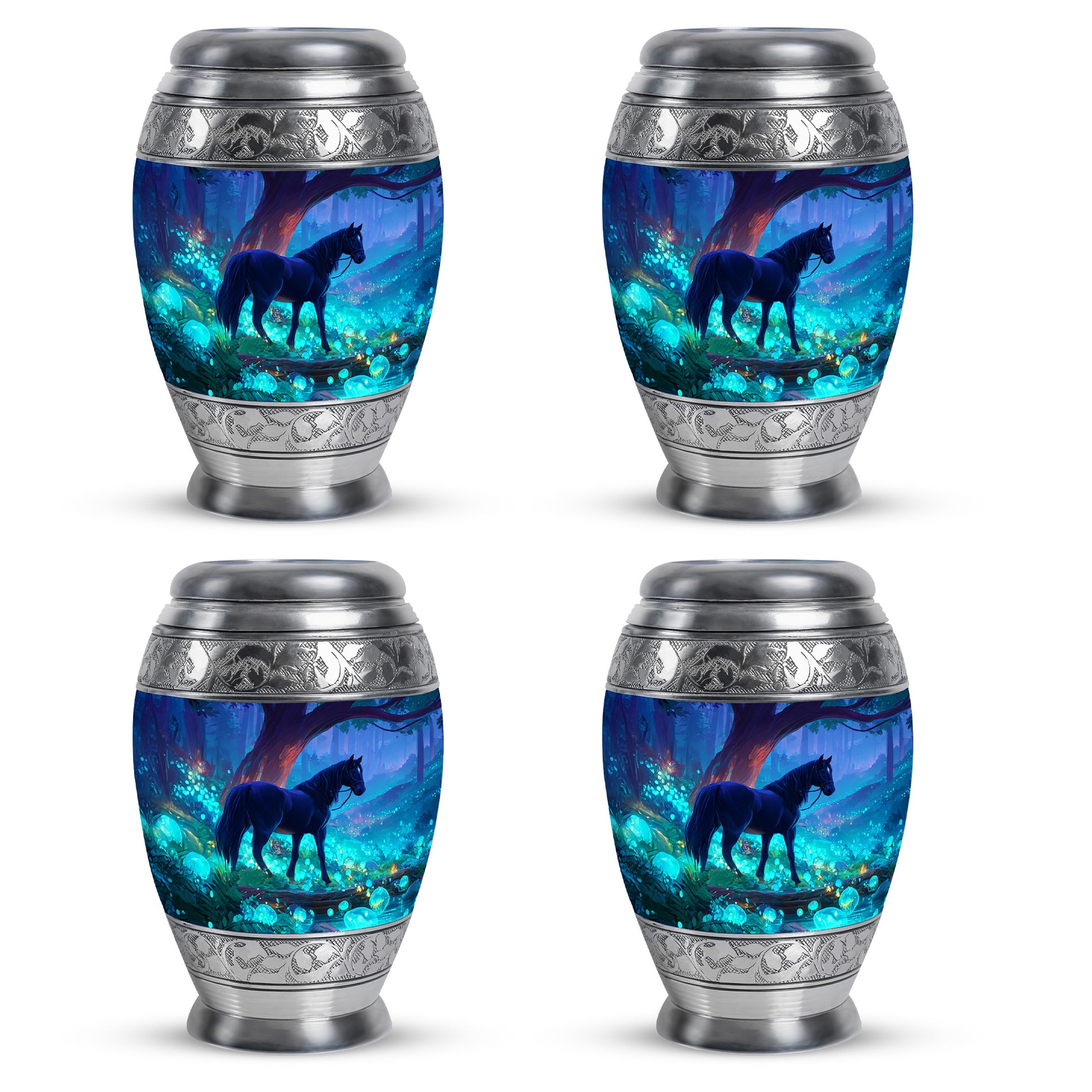 Serene Blue Horse Cremation Urn urn with complimentary velvet bag - royal horse engraving with decorative scrollwork - 10 inch aluminum urn for cremated remains