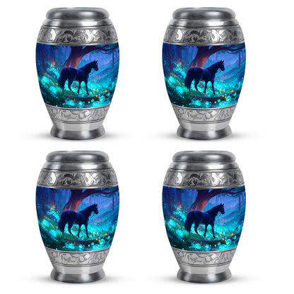 Serene Blue Horse Cremation Urn urn with complimentary velvet bag - royal horse engraving with decorative scrollwork - 10 inch aluminum urn for cremated remains