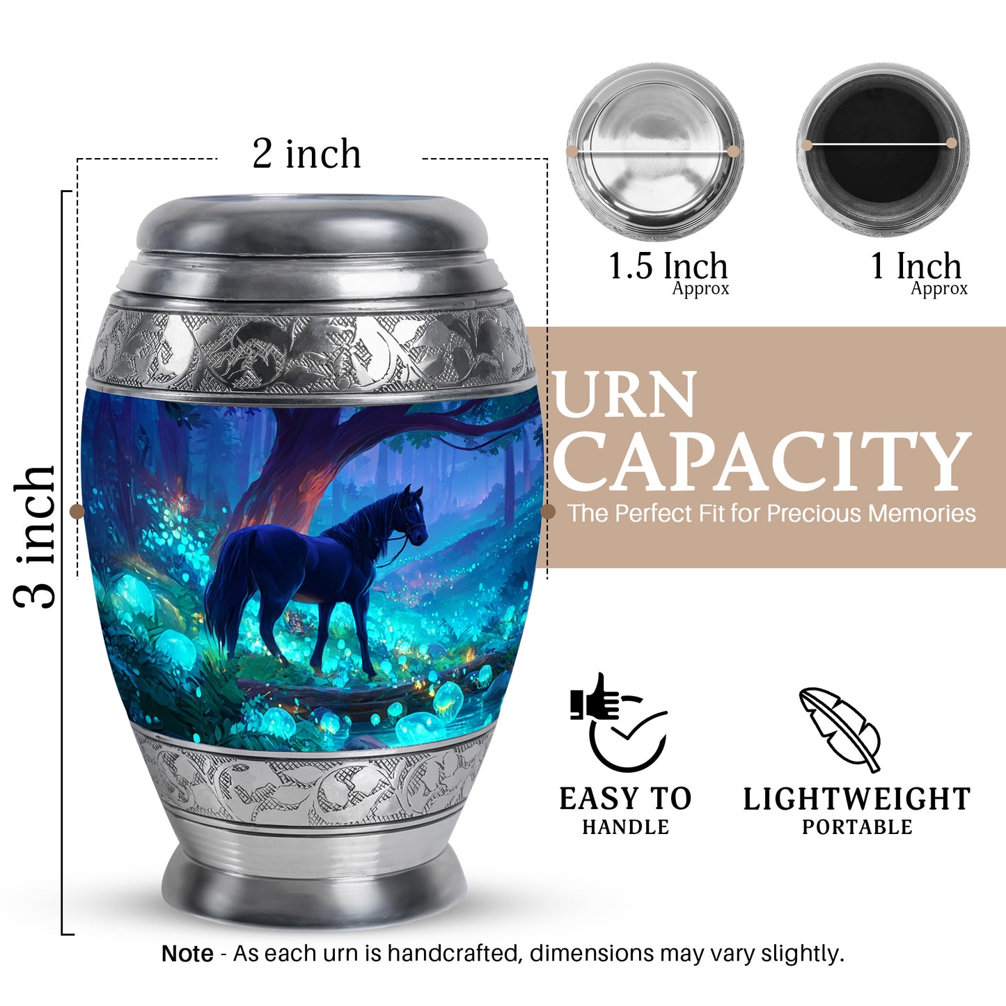 Slate Blue Horse Cremation Urn lifestyle display on memorial shelf - ornate monarch-style horse relief on brushed aluminum - mini keepsake memorial for portion of cremation ashes