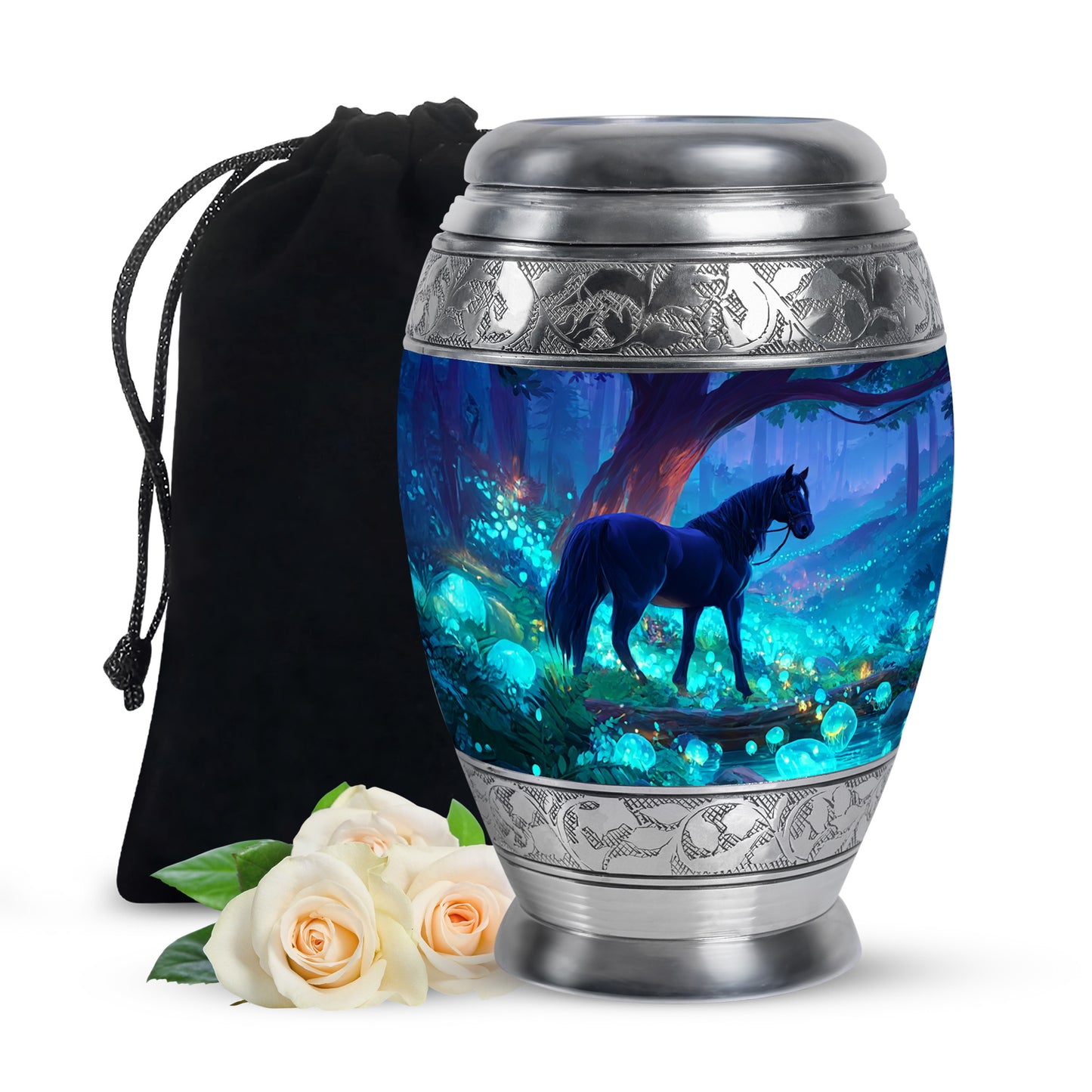 Misty Blue Horse Cremation Urn back view with polished surface - ornate monarch-style horse relief on brushed aluminum - full-size 10 inch 200 cubic inch adult cremation urn