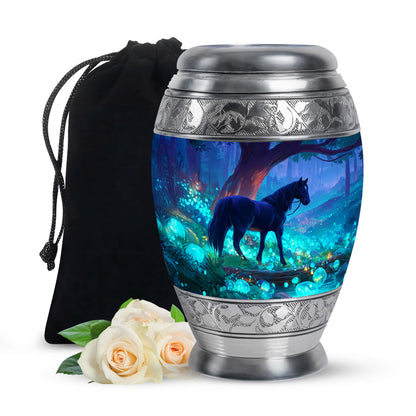 Misty Blue Horse Cremation Urn back view with polished surface - ornate monarch-style horse relief on brushed aluminum - full-size 10 inch 200 cubic inch adult cremation urn