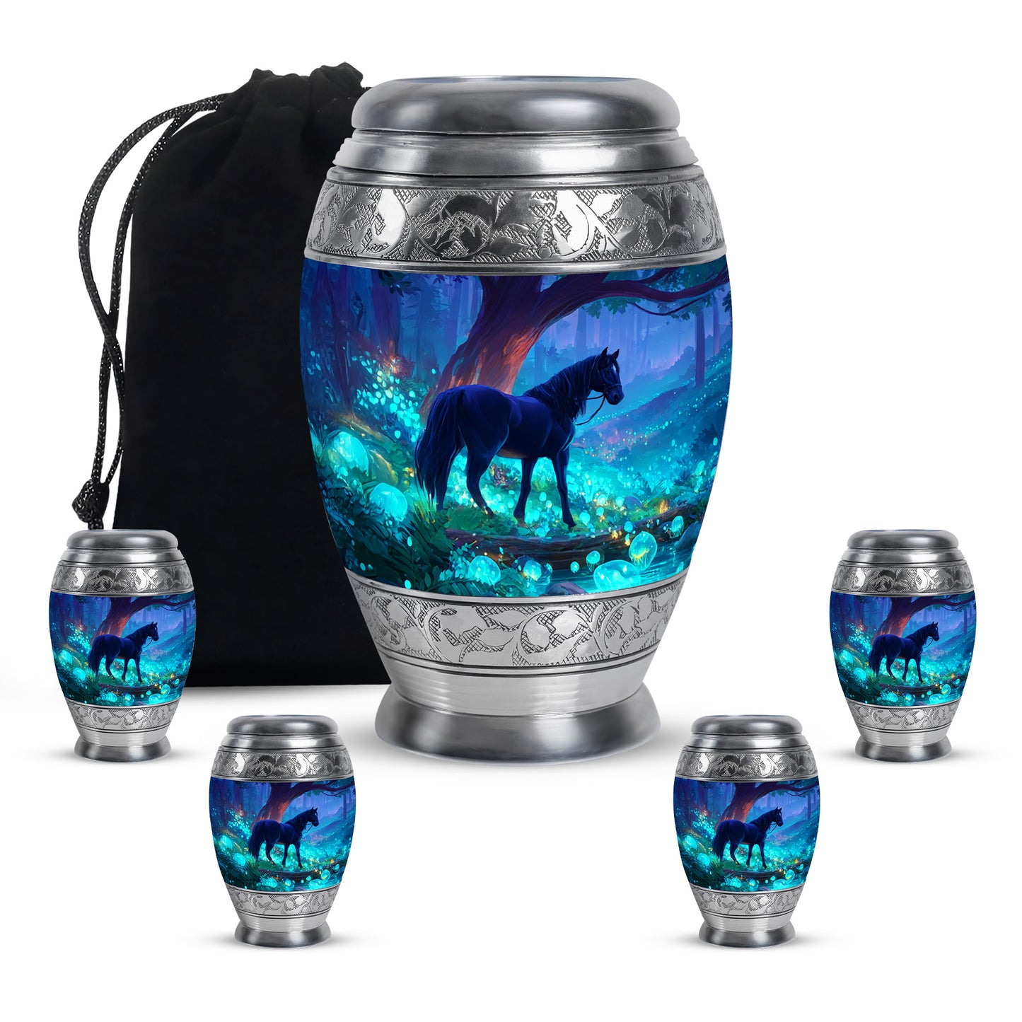 Royal Blue Horse Cremation Urn detail view - majestic horse pattern with filigree border - memorial set with one large and four small urns
