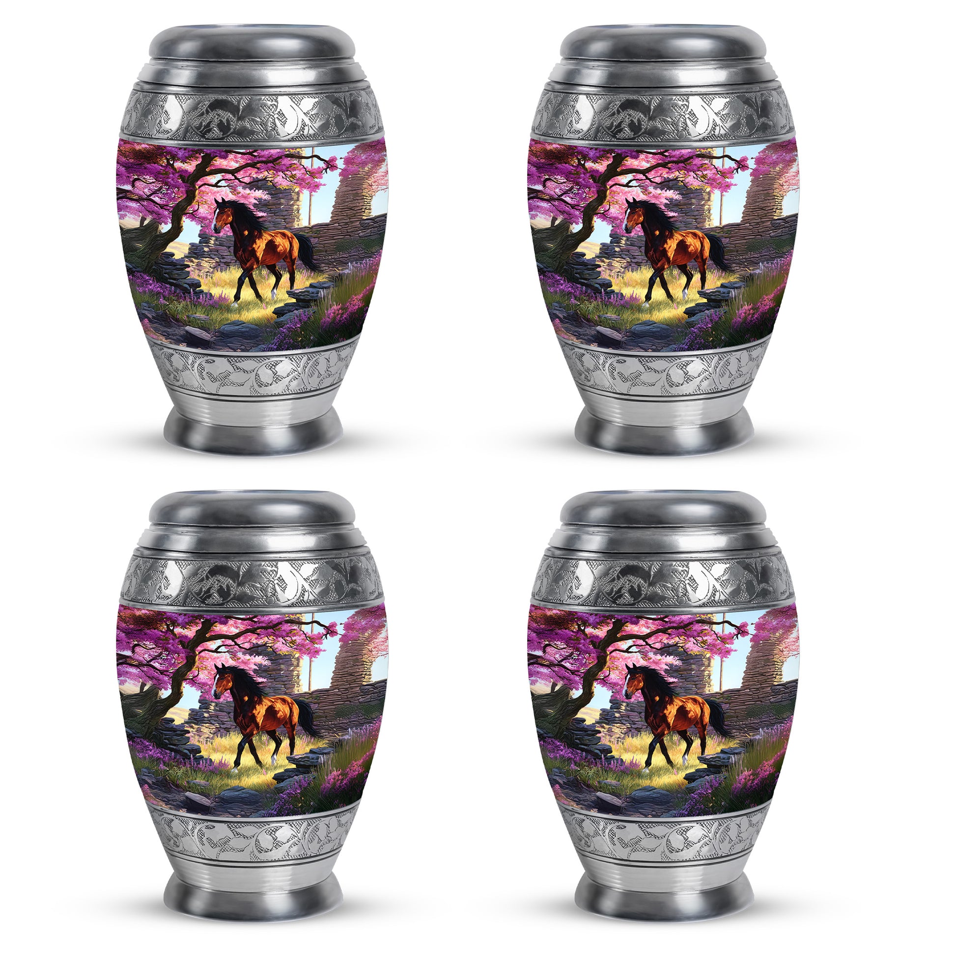 Rose Pink Horse Cremation Urn urn with complimentary velvet bag - ornate monarch-style horse relief on brushed aluminum - 10 inch aluminum urn for cremated remains