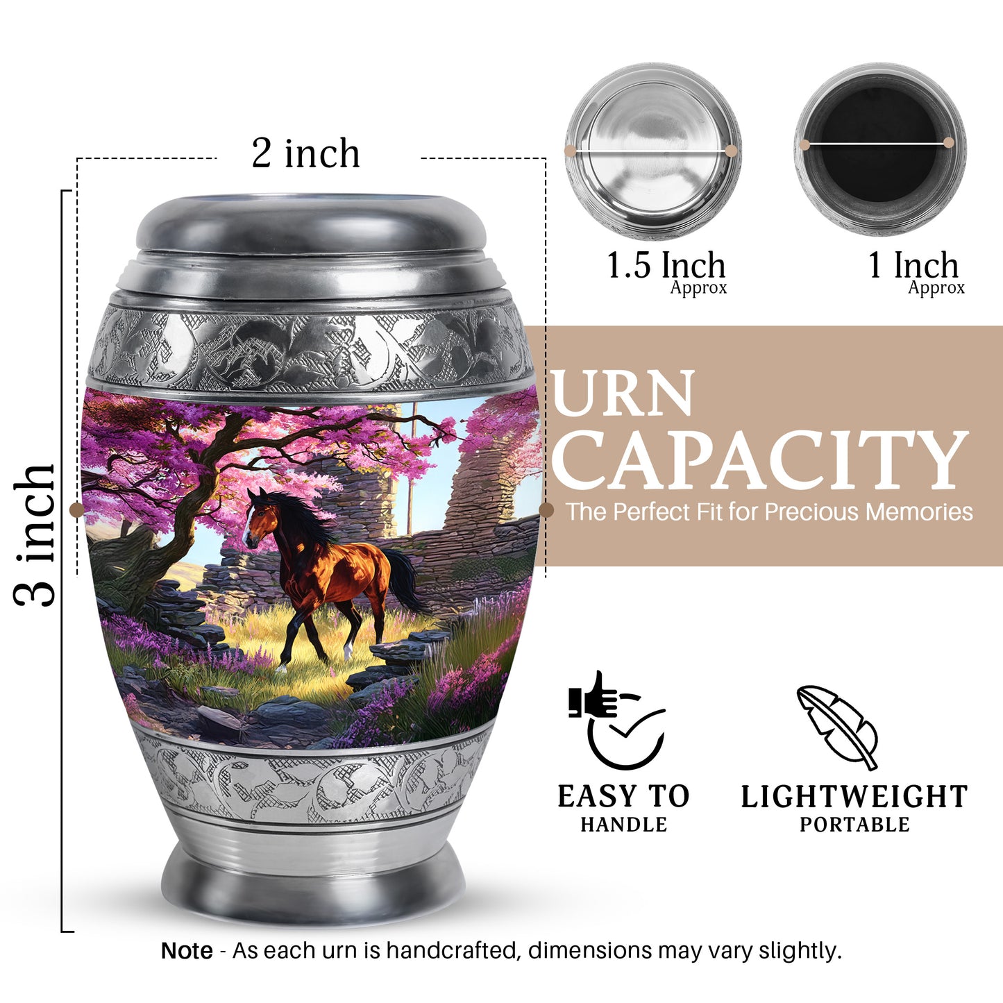 Coral Pink Horse Cremation Urn lifestyle display on memorial shelf - ornate monarch-style horse relief on brushed aluminum - mini keepsake memorial for portion of cremation ashes