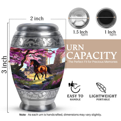 Coral Pink Horse Cremation Urn lifestyle display on memorial shelf - ornate monarch-style horse relief on brushed aluminum - mini keepsake memorial for portion of cremation ashes